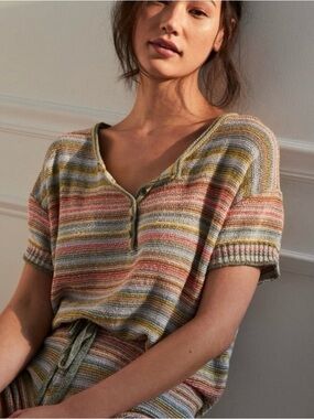 Anthropologie Striped Knit Short Sleeved Henley Sweater | Multi Pastel |Small